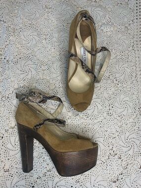 Jimmy Choo Peep Toe Platform Heels Brown Suede Snakeskin Strap Sky High Chunky
